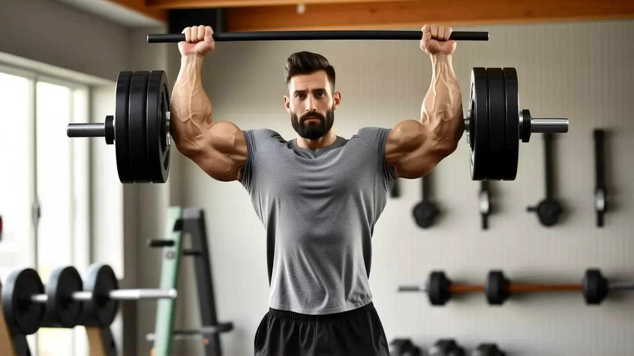 Un hombre musculoso levanta pesas en gimnasio