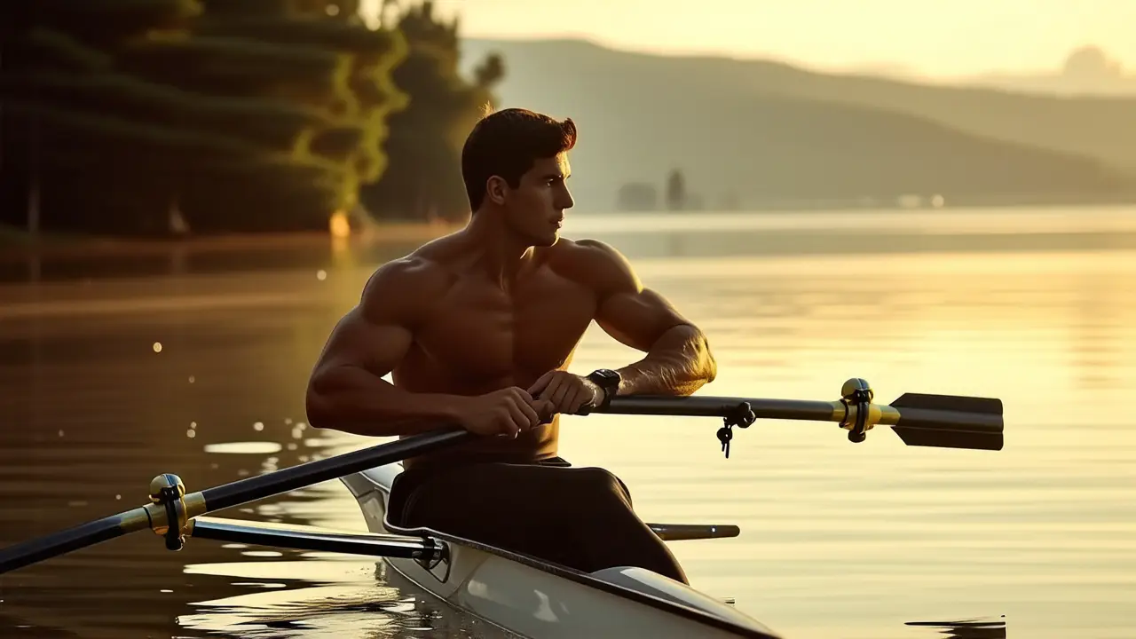 Un hombre atlético se rowea en la luz dorada
