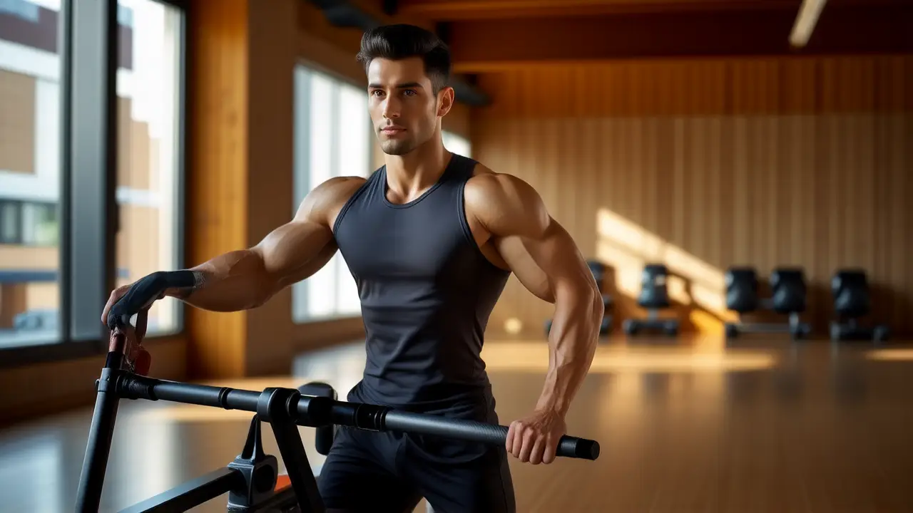 Atleta español musculoso en gimnasio iluminado