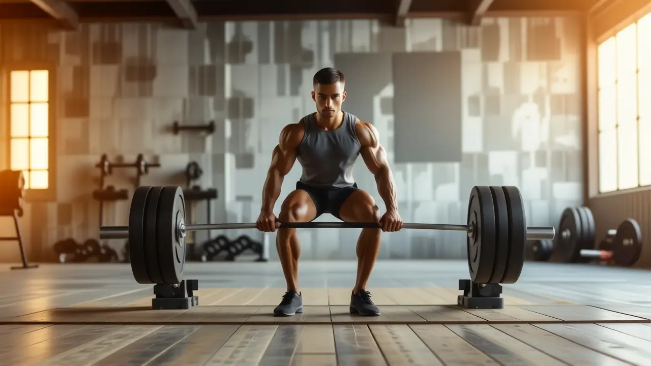 Atleta español musculoso levanta barra en estudio