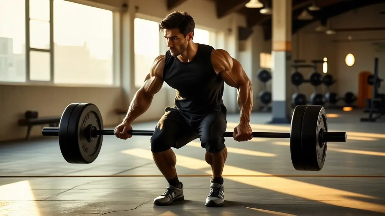 Atleta español musculoso levanta barra en gimnasio