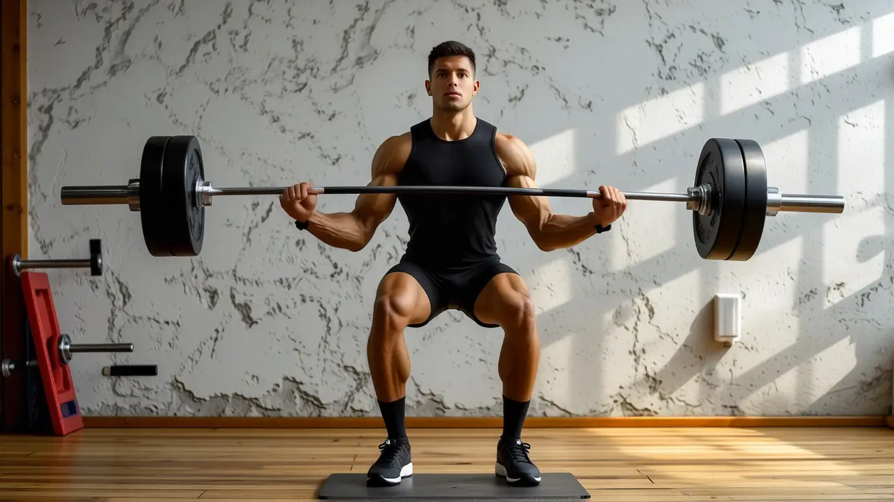 Un atleta español musculoso levanta pesas con potencia