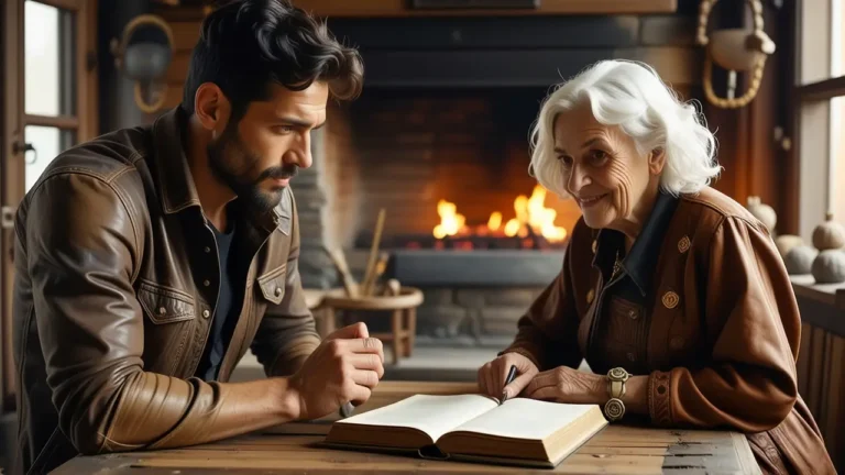 Un hombre melancólico observa una anciana leyendo
