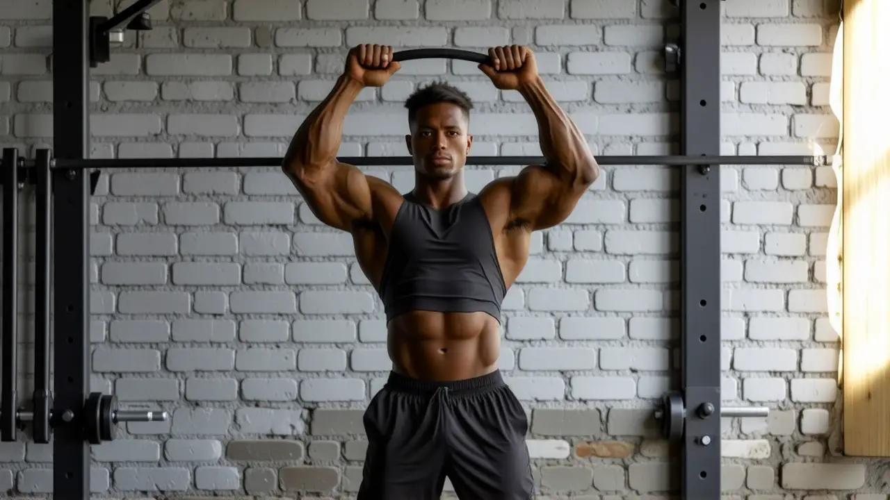 Atleta español musculoso realiza dominadas en gimnasio