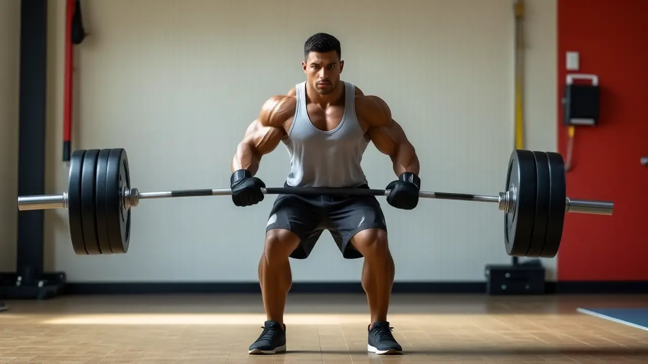 Atleta español musculoso levanta peso con intensidad