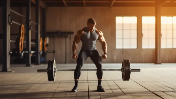 Atleta español musculoso en gimnasio intenso