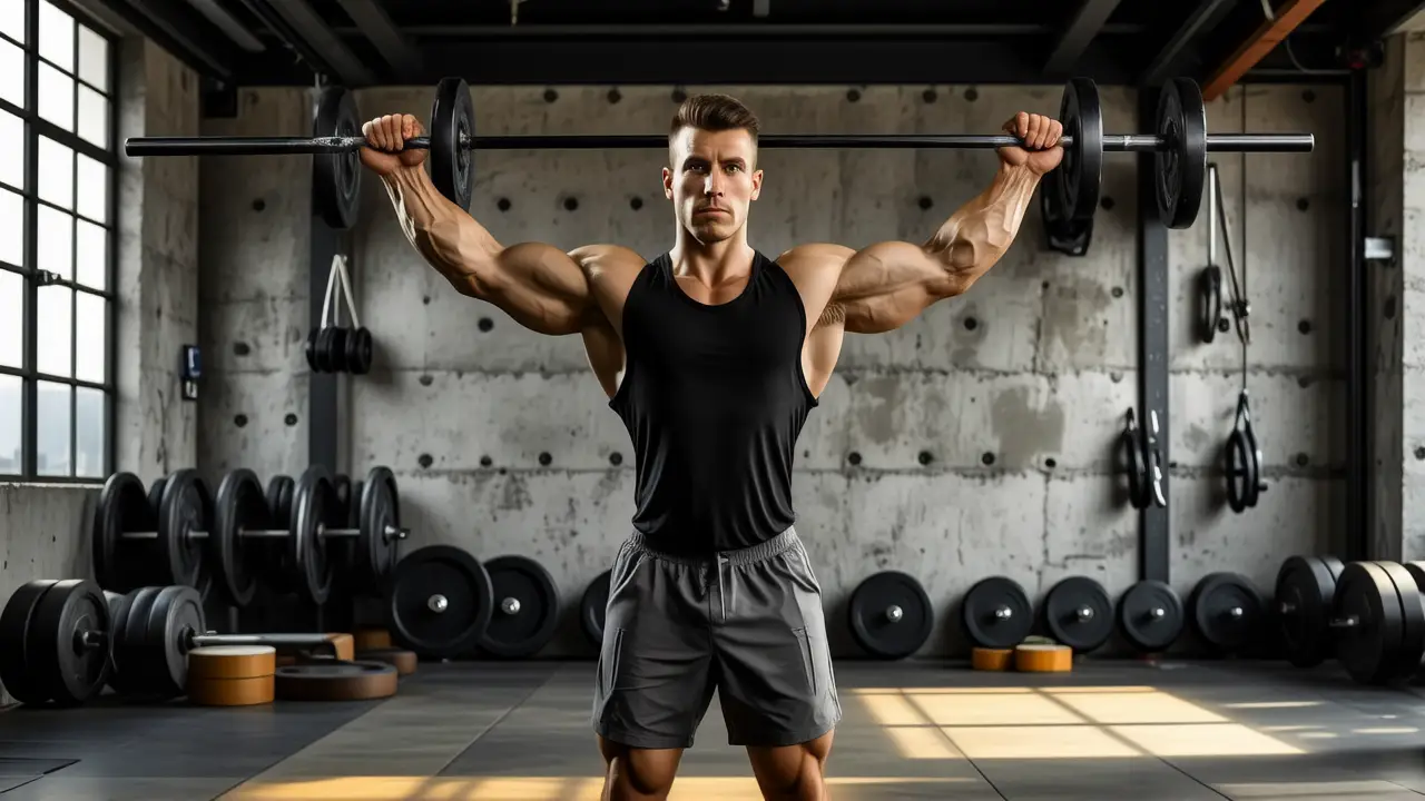 Un atleta español musculoso realiza una dominada en gimnasio oscuro
