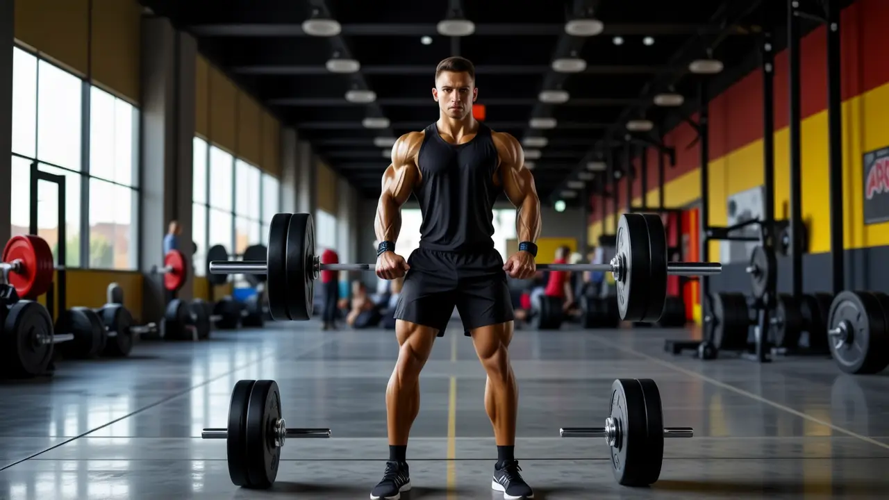 Un atleta español musculoso levanta pesas en gimnasio