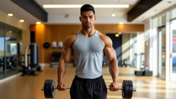 Un hombre atlético levanta pesas en gimnasio