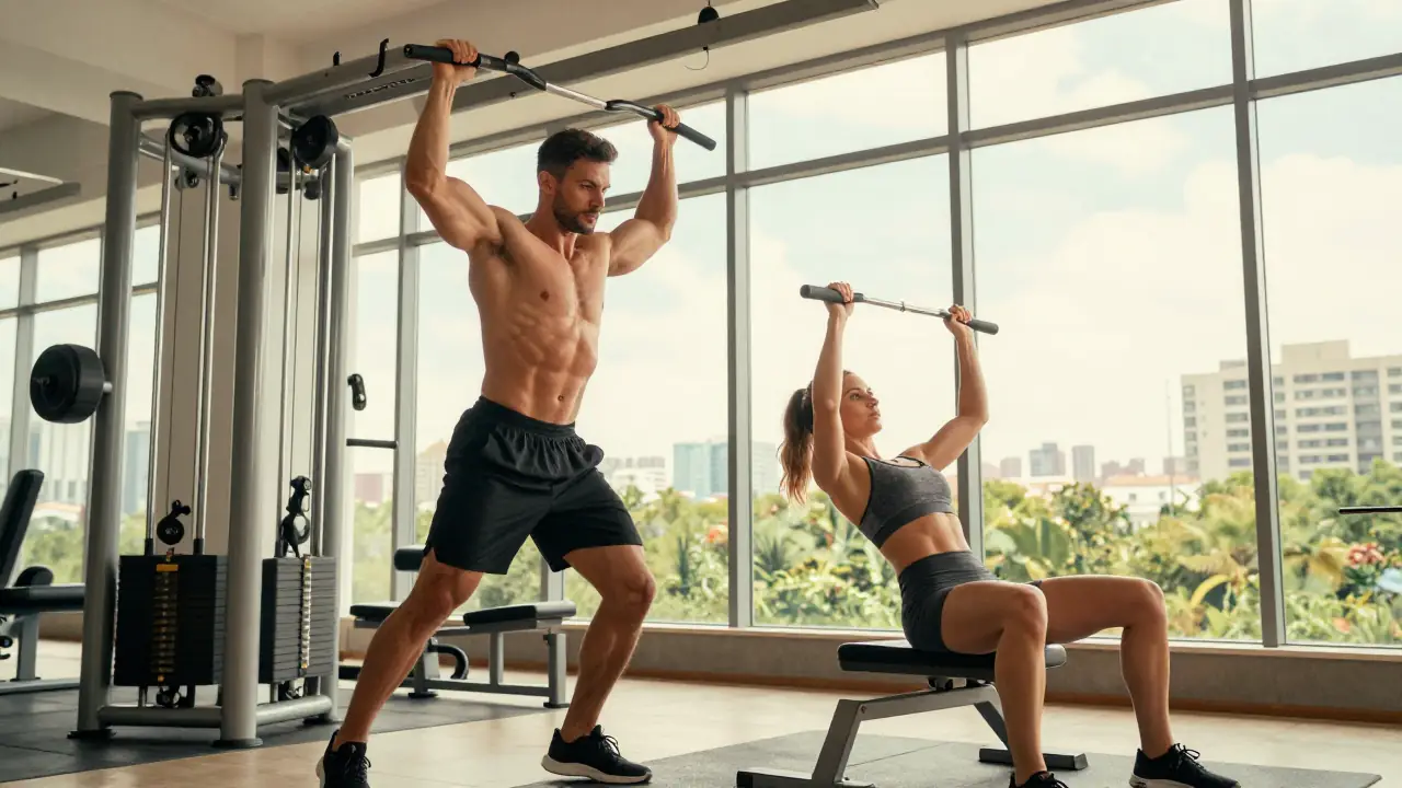 Un hombre y mujer ejercitan con fuerza