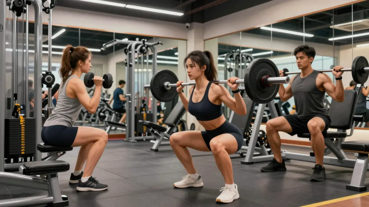 Mujer levanta pesa en gimnasio moderno