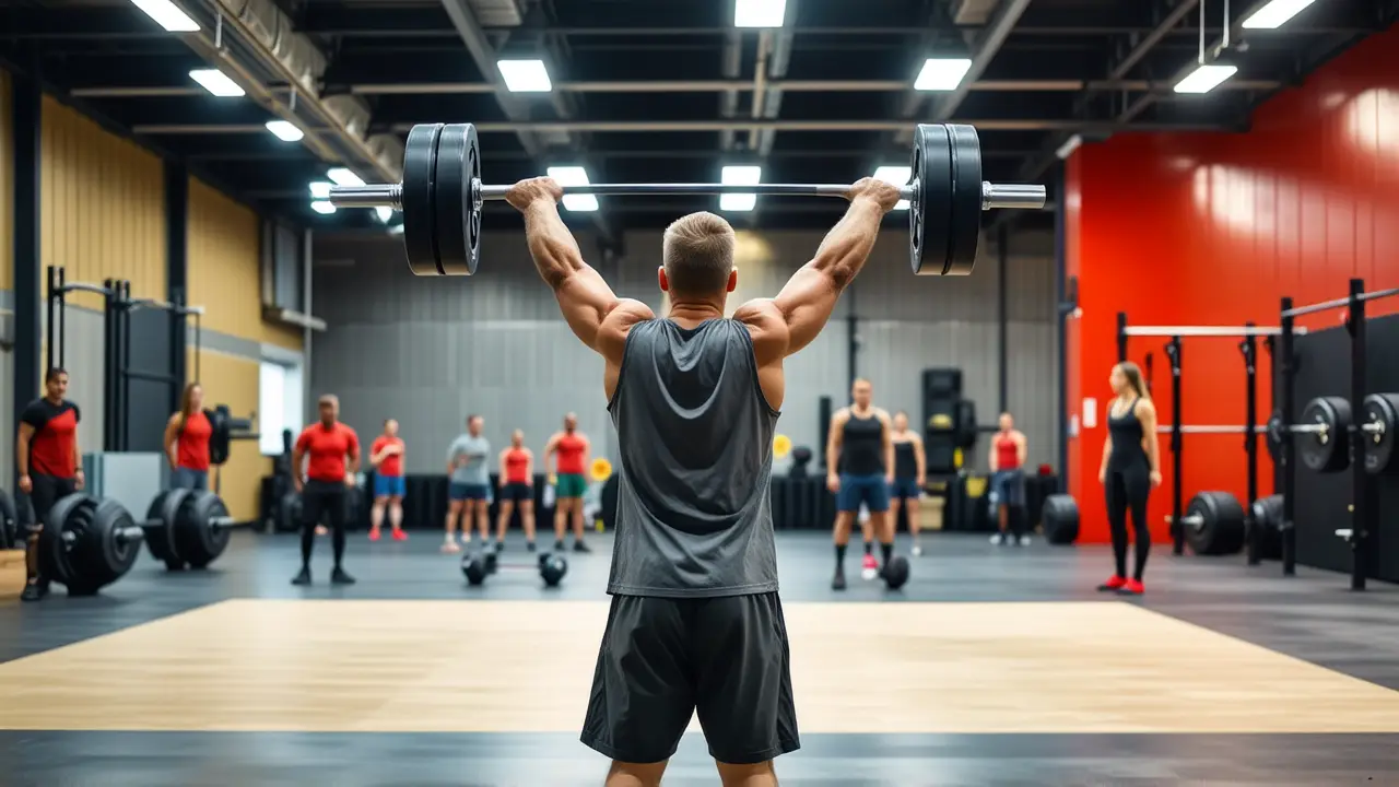 Un atleta español musculoso levanta pesas en la luz