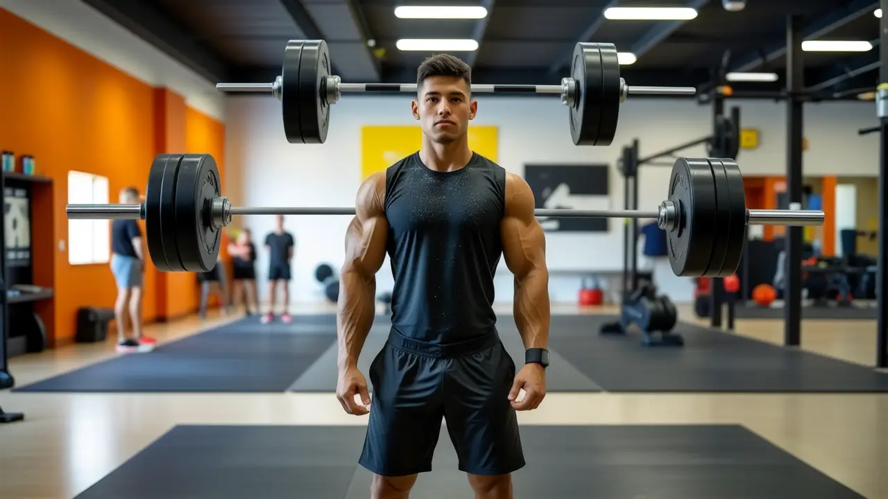Un atleta español musculoso levanta pesas con intensidad