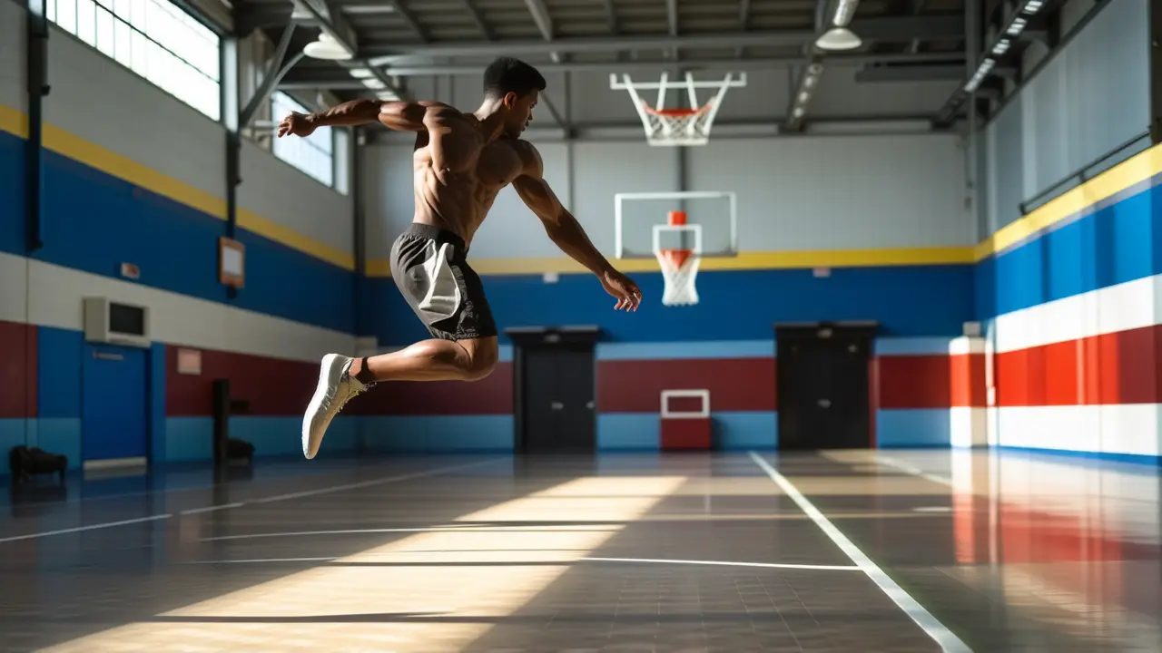 Atleta español saltando en concreto brillante