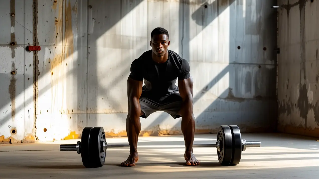 Un atleta español musculoso realiza sentadilla dramática