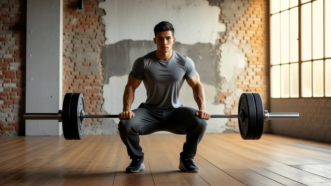 Un hombre atlético levanta pesas en un gimnasio austero