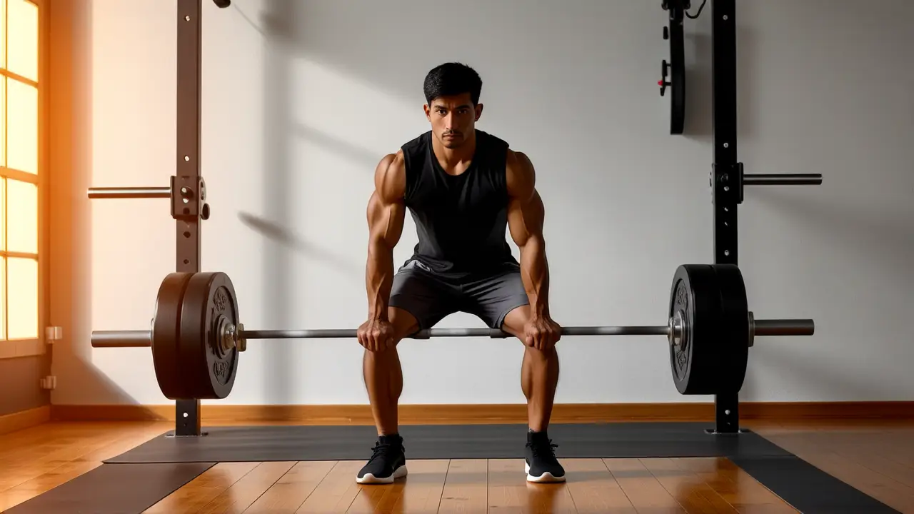 Atleta español musculoso realiza sentadilla en gimnasio