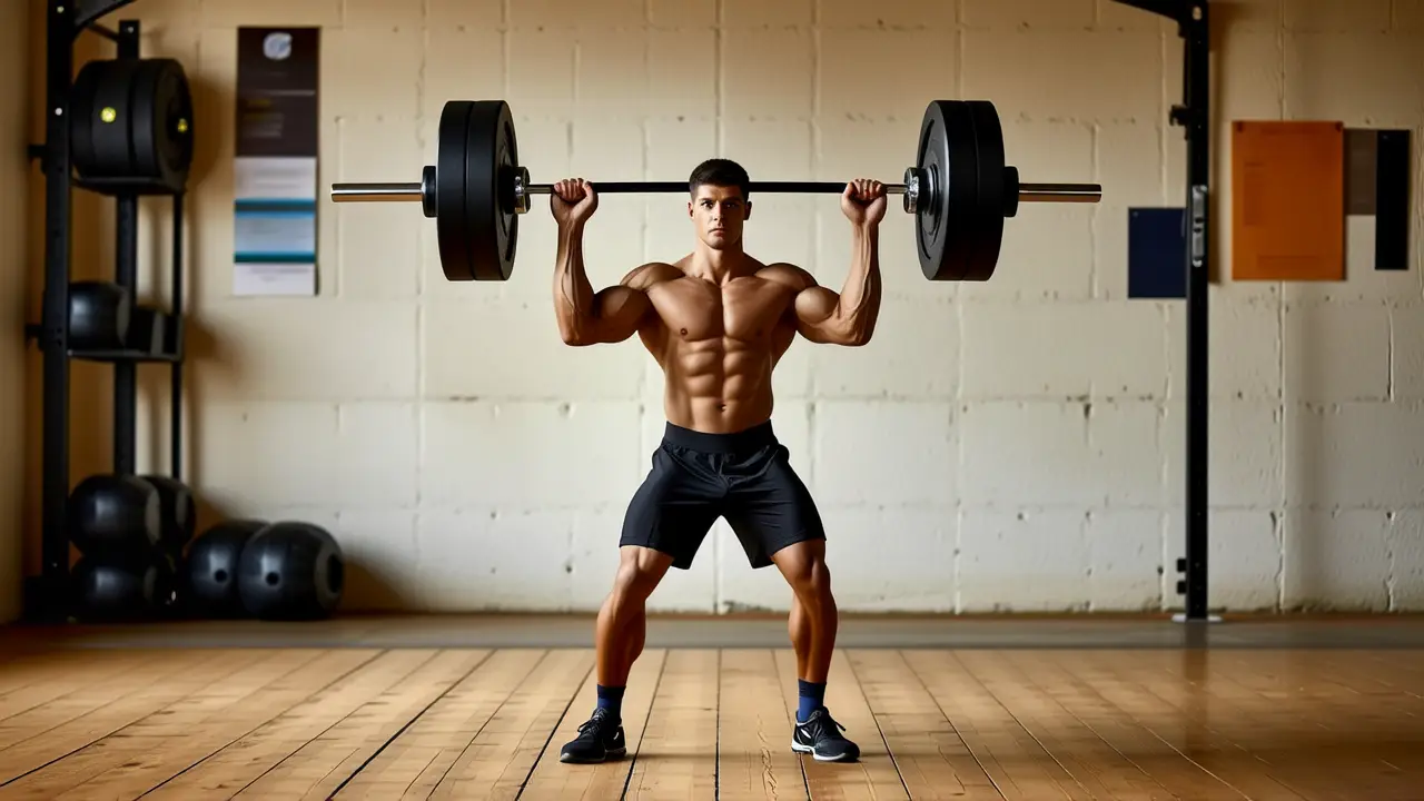 Un atleta español musculoso levanta pesas en gimnasio