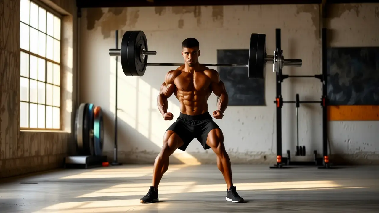 Atleta español musculoso levanta pesas con intensidad