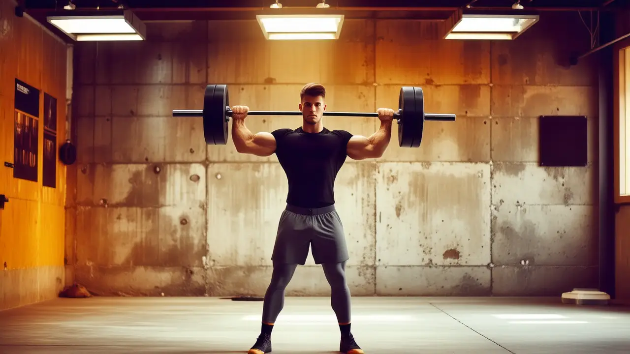 Atleta español musculoso levanta pesas en luz dramática