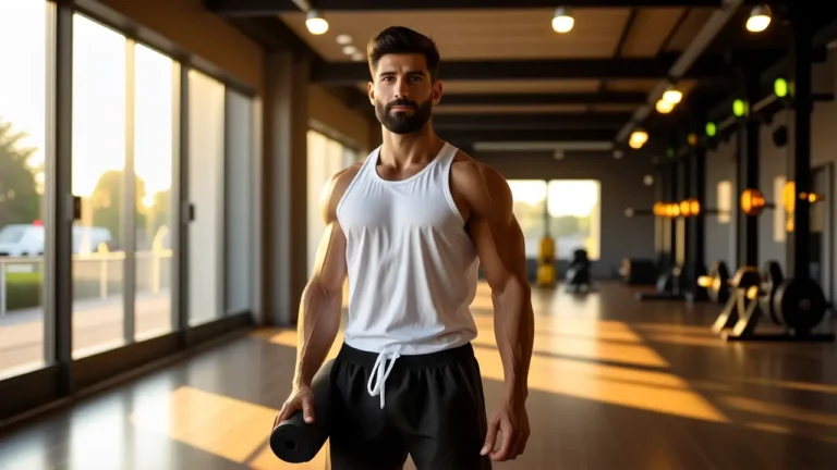 Un hombre atlético medita en un gimnasio iluminado