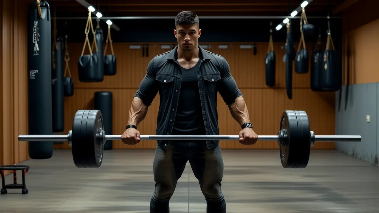 Un levantador musculoso lucha en la penumbra