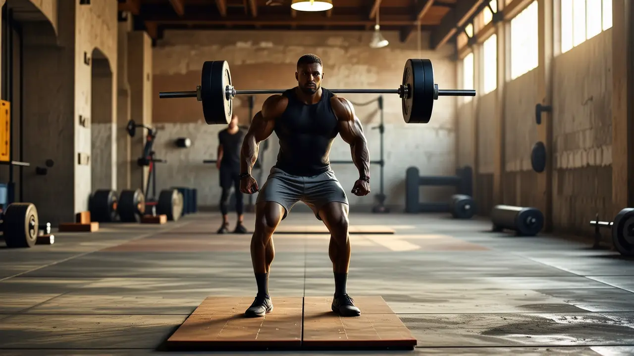 Atleta español musculoso levanta barra con intensidad