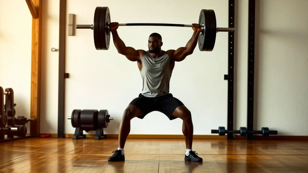 Un hombre atlético levanta pesas en luz dorada