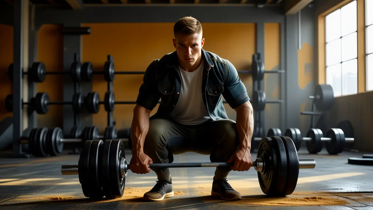 Un hombre fuerte levanta pesas en la penumbra