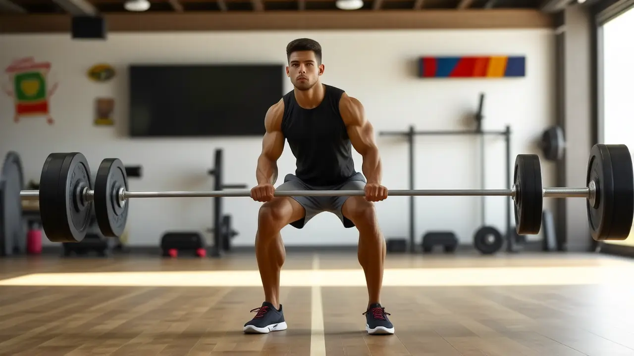 Un atleta español musculoso levanta pesas en gimnasio