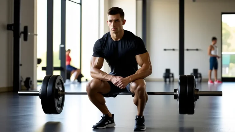 Un atleta español musculoso realiza una sentadilla en gimnasio moderno