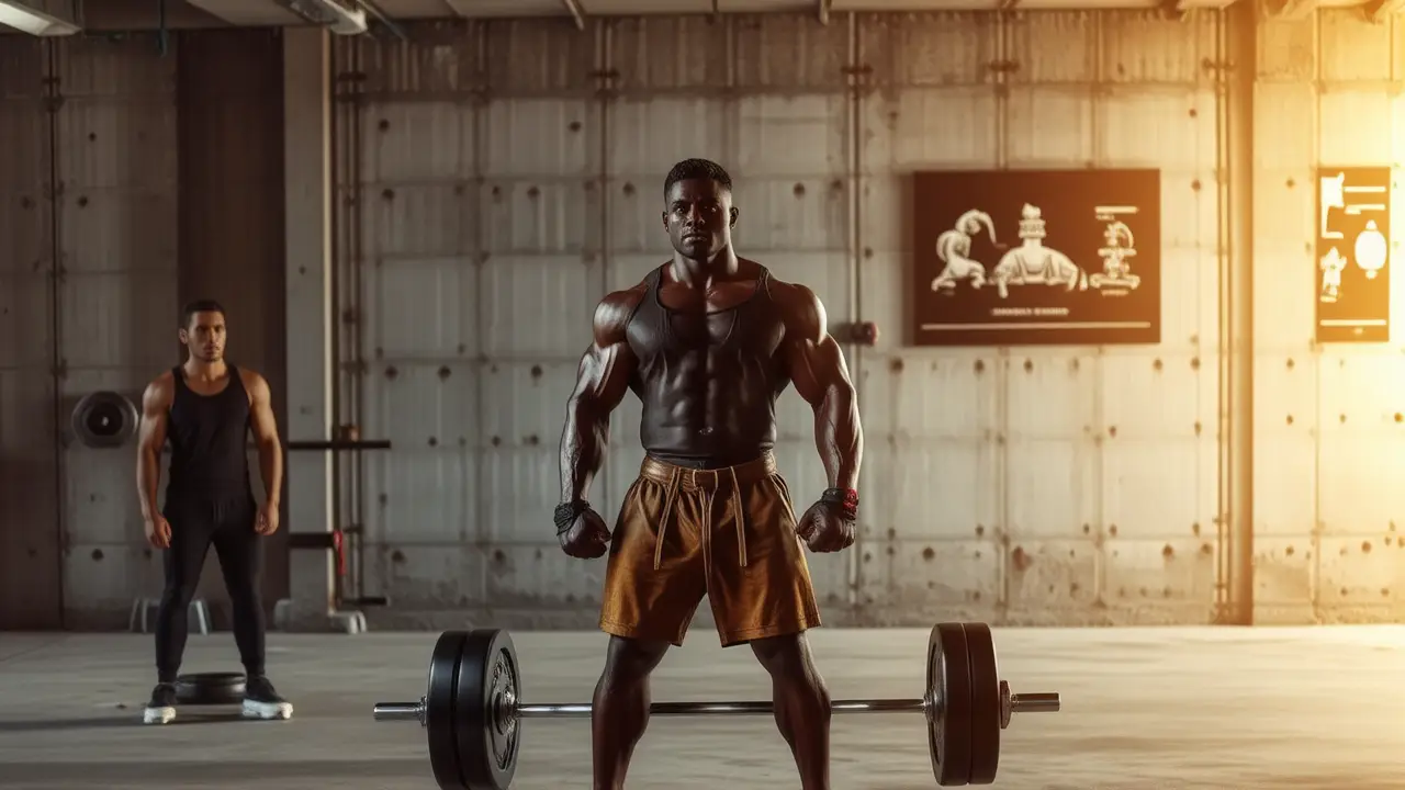 Un fuerte español levanta un atlas en gimnasio dramático