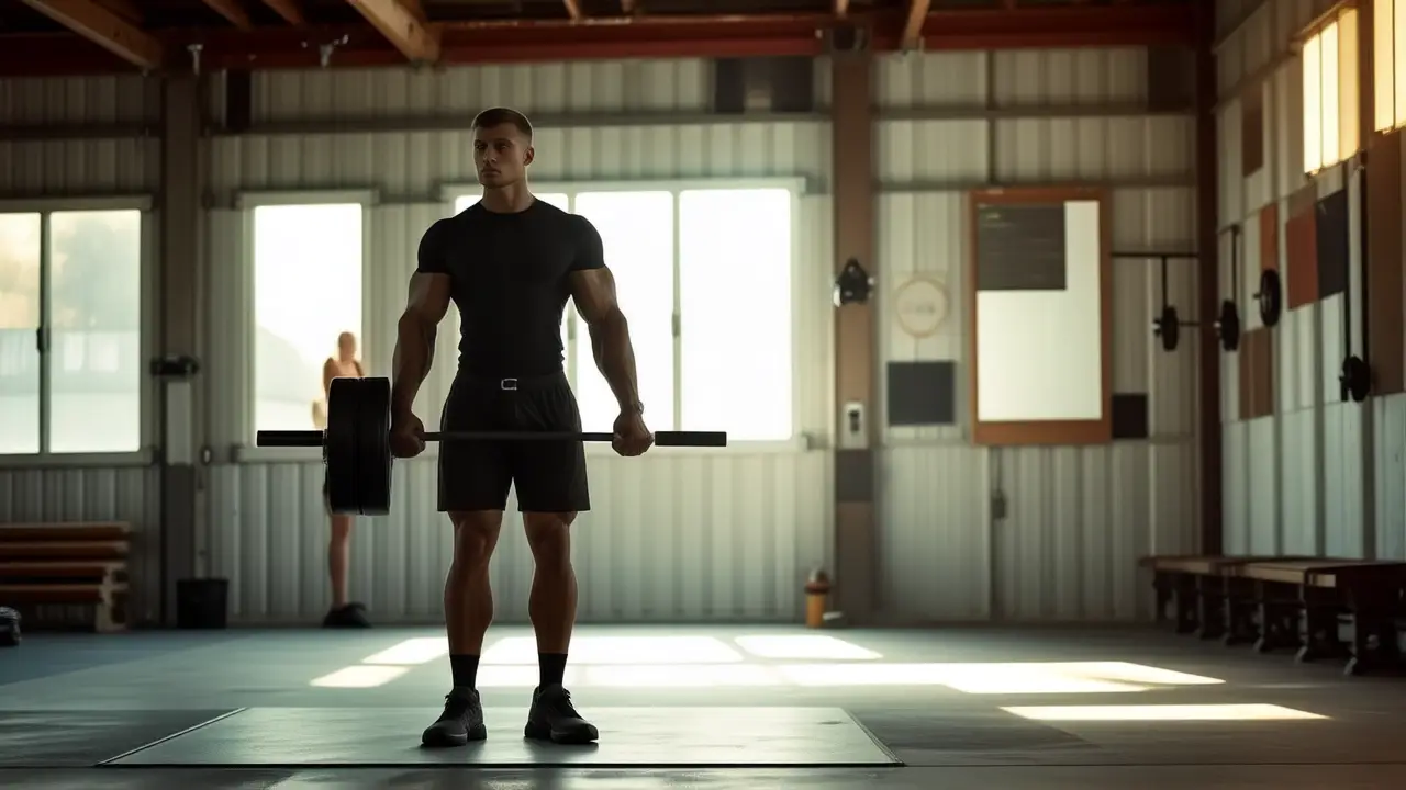 Atleta español musculoso levanta peso en gimnasio