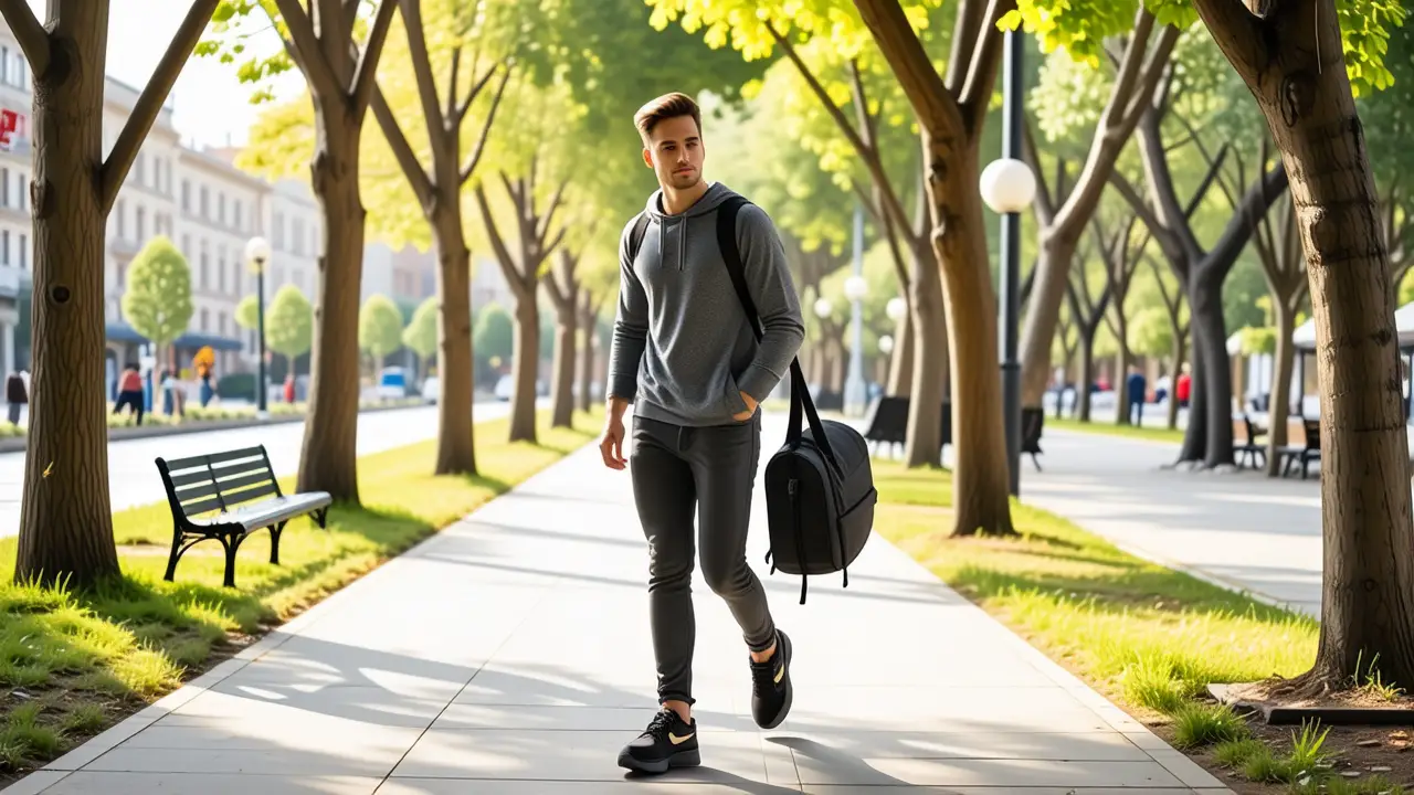 Un hombre atlético camina con confianza en la ciudad
