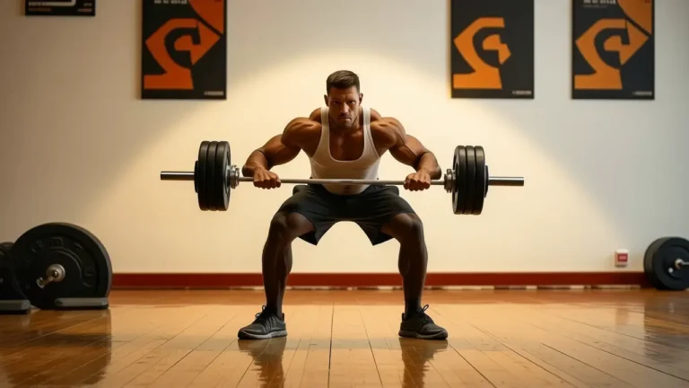 Un hombre musculoso levanta pesas en luz dorada