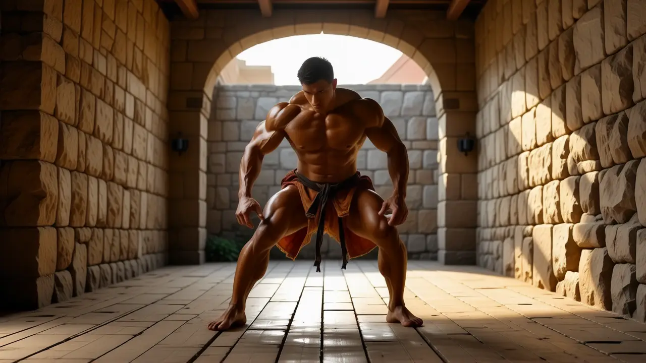 Un luchador español musculoso domina la luz dramática