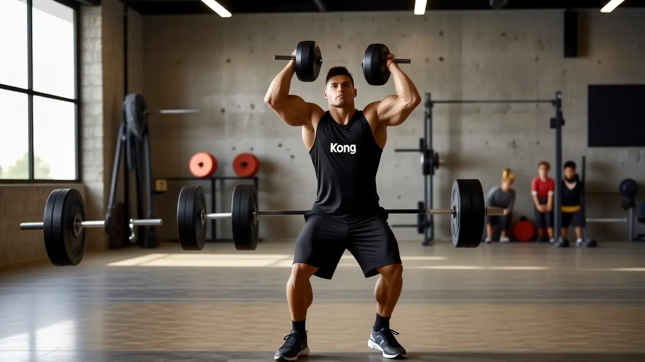 Un atleta español musculoso realiza un burpee intenso en el gimnasio