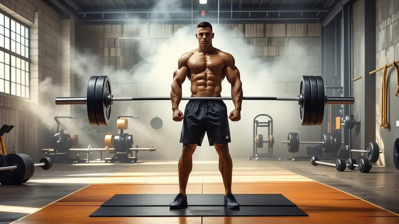 Atleta español musculoso levanta pesas en gimnasio