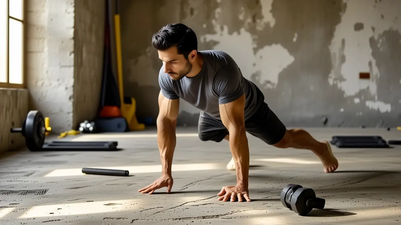 Un hombre atlético realiza ejercicios en gimnasio austero
