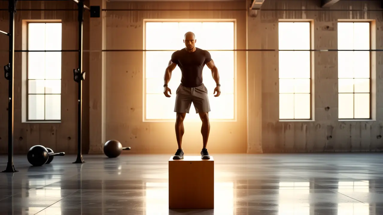 Atleta español musculoso salta en gimnasio dramático