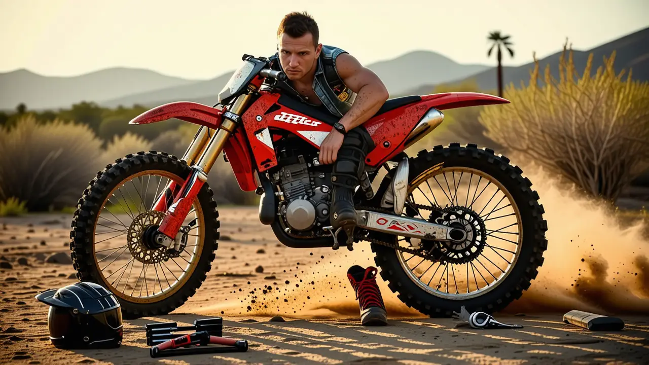 Motociclista español desafiante en el desierto