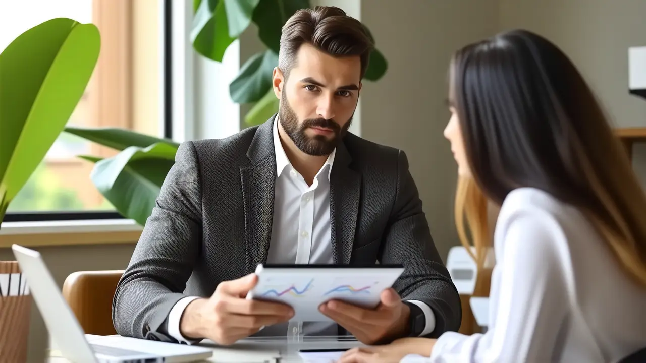 Un hombre pensativo examina gráficos en oficina