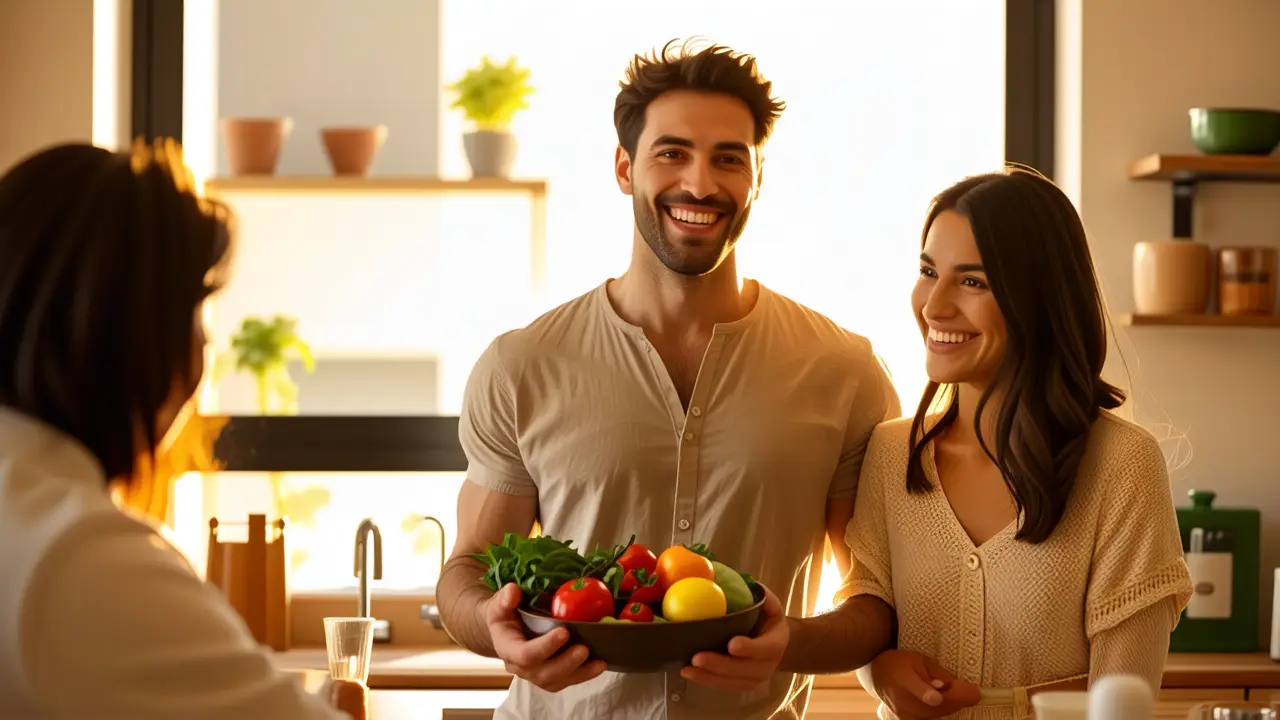 Un hombre atlético luce frutas en cocina