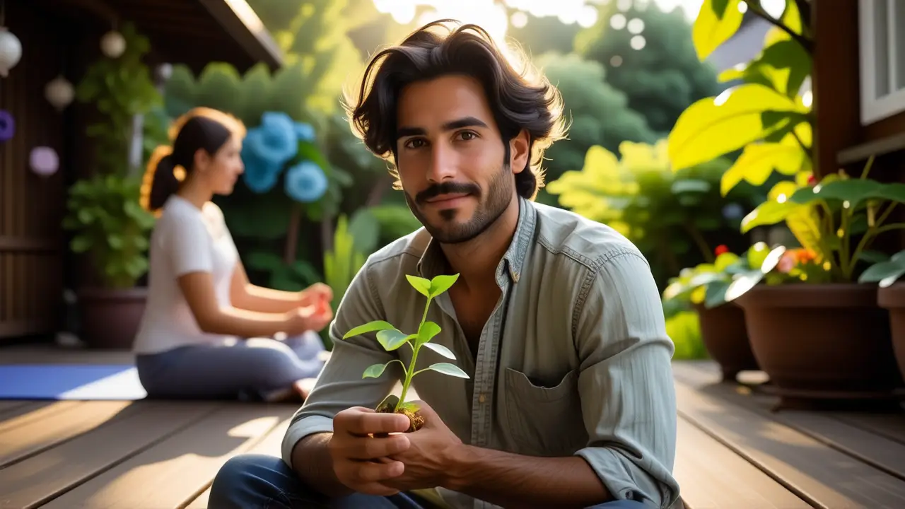 Un hombre atlético contempla una planta en un jardín sereno