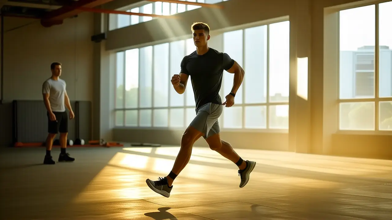 Un atleta español musculoso corre en luz dramática