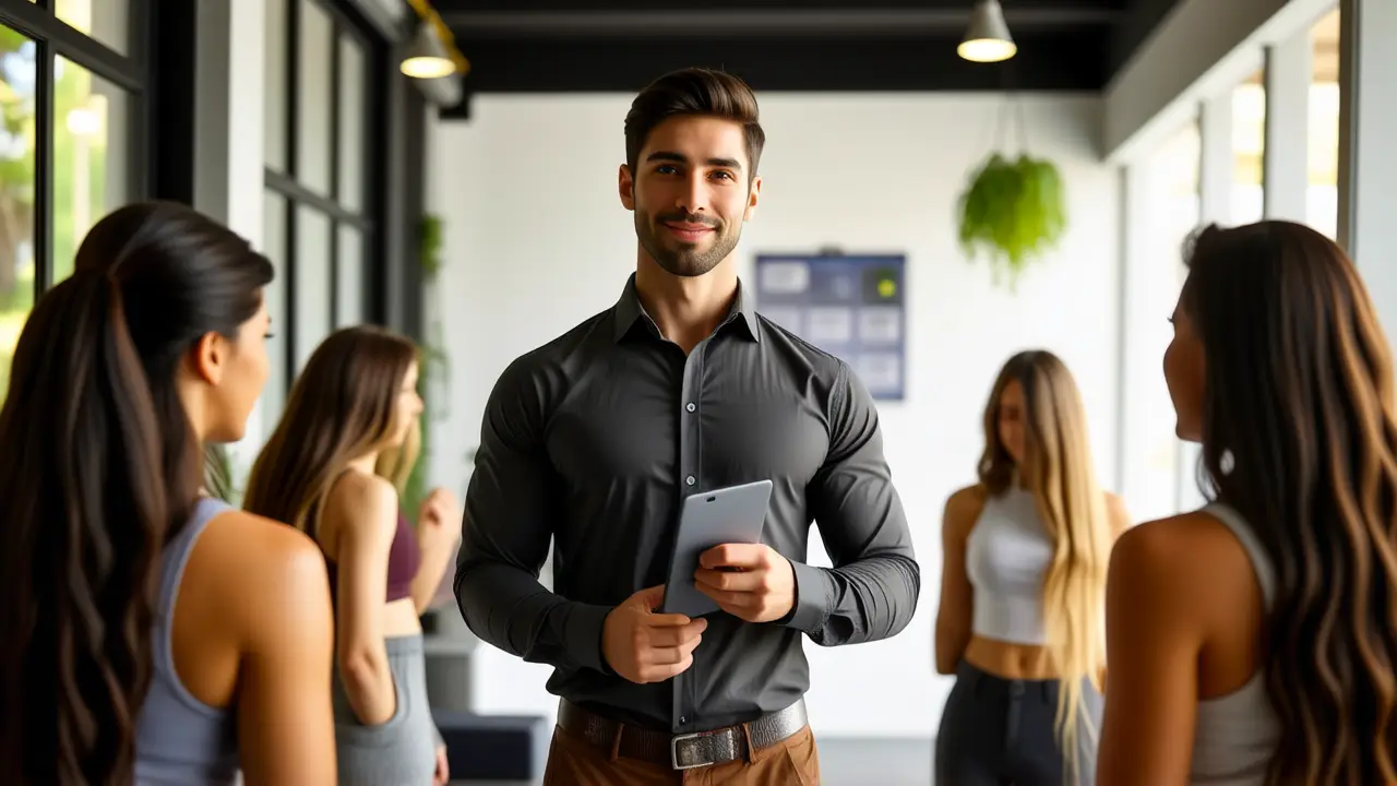 Un entrenador español amable observa a sus clientes