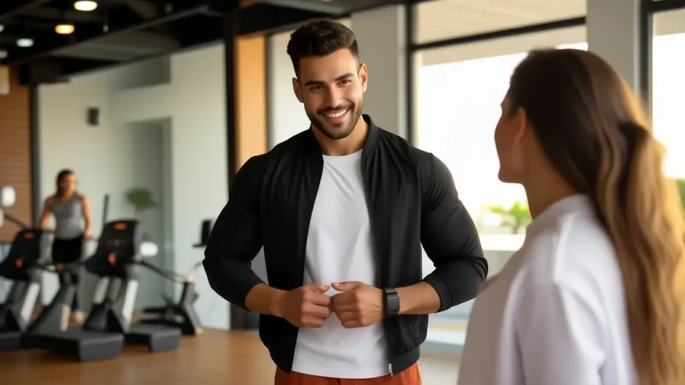 Entrenador español musculoso guía a su cliente