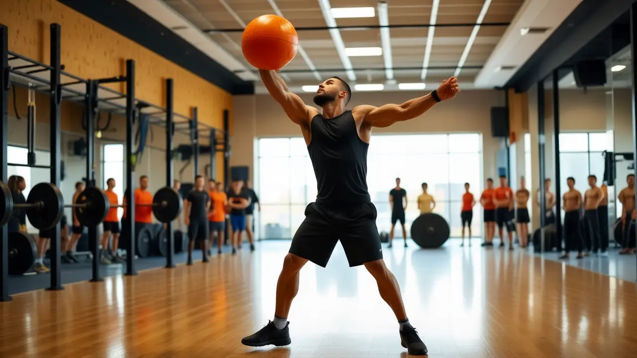 Un atleta español lanza con fuerza en el gimnasio