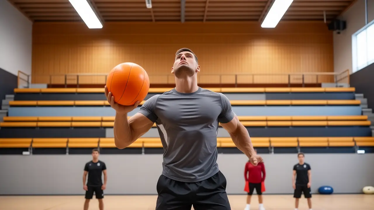 Un atleta español lanza en el gimnasio con luz cálida