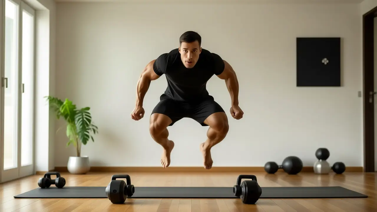 Un hombre atlético realiza burpees en casa